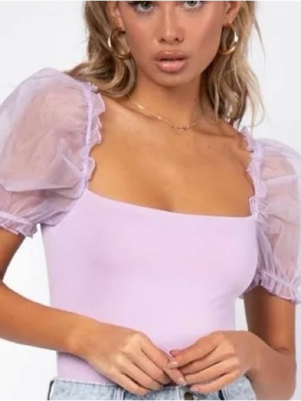 Lavender Puff Sleeve Bodysuit - Women Tops